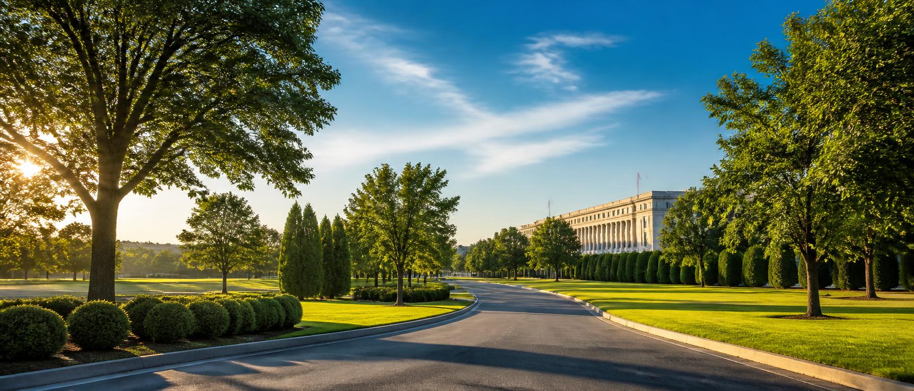 A professionally maintained federal grounds with road, trees, and manicured landscape under a clear sky